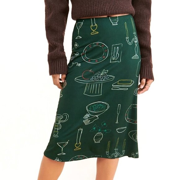 Lisa Says Gah Lauren Midi Skirt Green Food Set the Table Forest Tablescape M - Picture 1 of 11